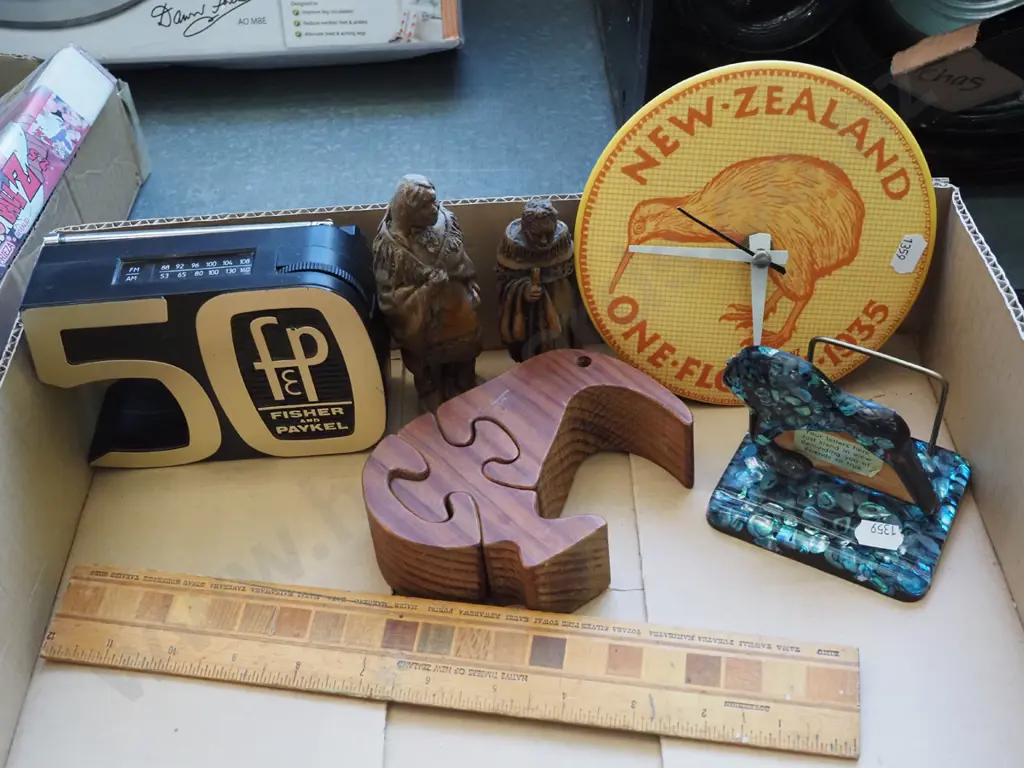 box; kiwiana puzzle, letter rack, wall clock etc Image 1++