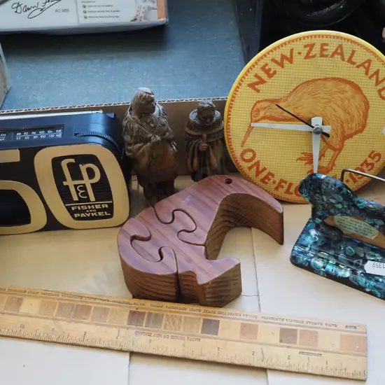 box; kiwiana puzzle, letter rack, wall clock etc