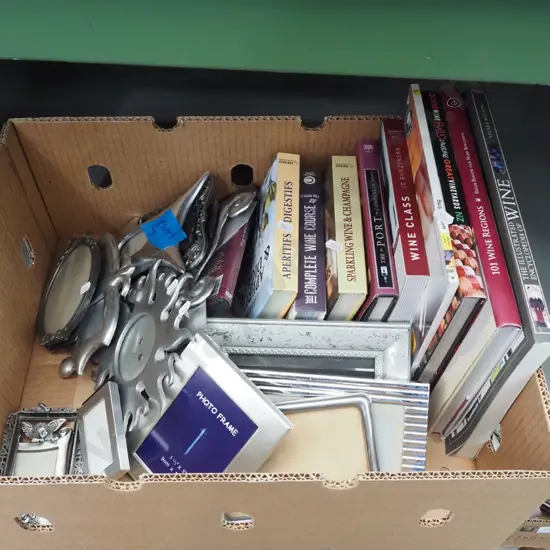 box; wine, books, photo frames