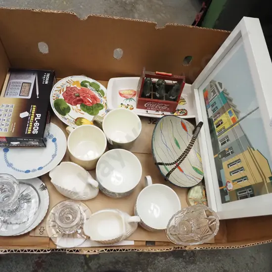 box; cups, saucers, framed print etc