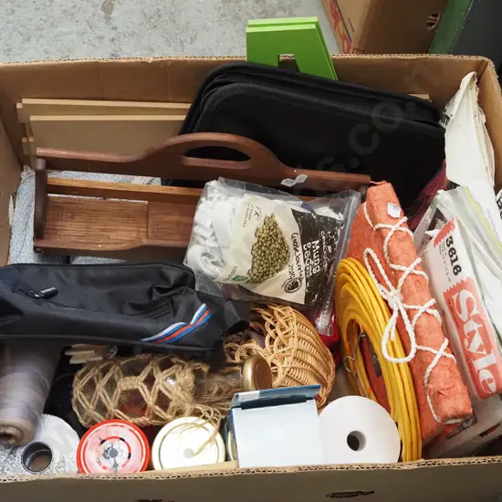 box; sewing patterns, small wooden shelves, sewing accessories etc