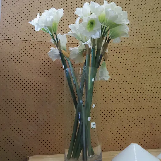 faux flowers in  tall glass vase Vase H470