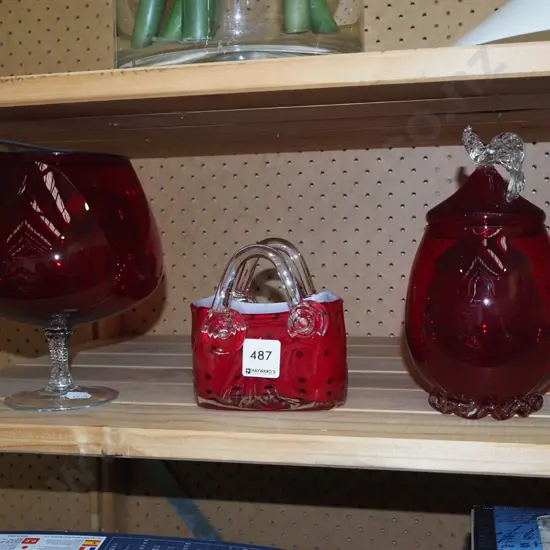 ruby glass goblet, bag, lidded canister etc