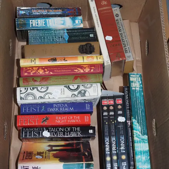 box of books, DVDs