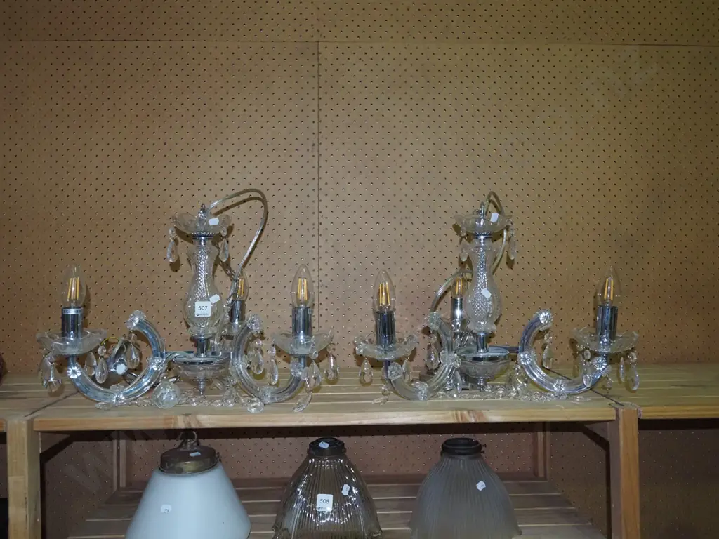 pair of matching chrome plastic and glass 3 bulb chandeliers H300 Image 1++