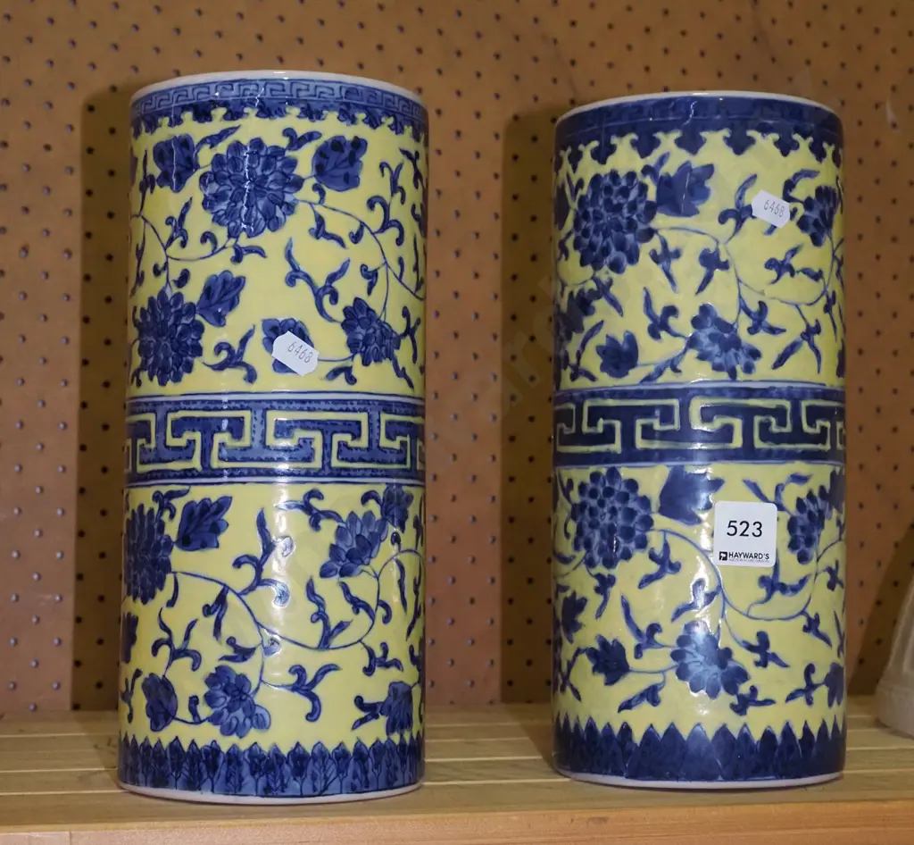 pair of blue and yellow cylindrical vases H275 Image 1++