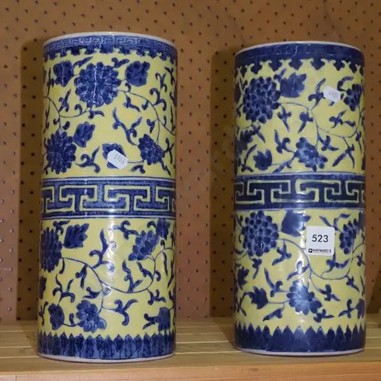 pair of blue and yellow cylindrical vases H275
