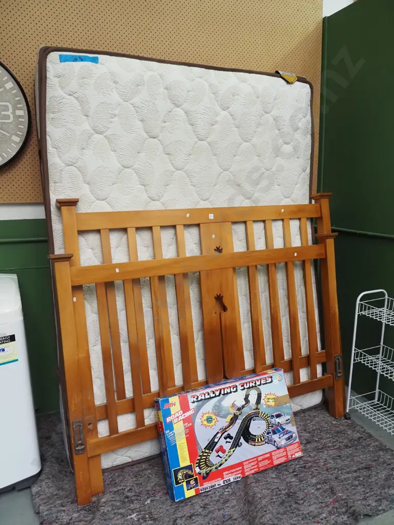 queen wire bed base, mattress and rimu bed ends - base still in storage Image 1++