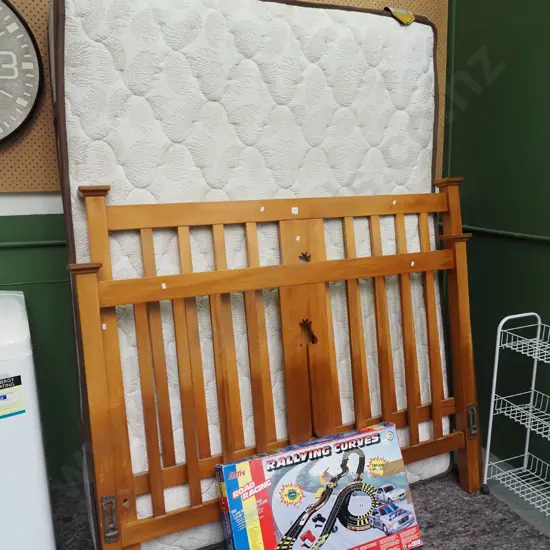 queen wire bed base, mattress and rimu bed ends - base still in storage