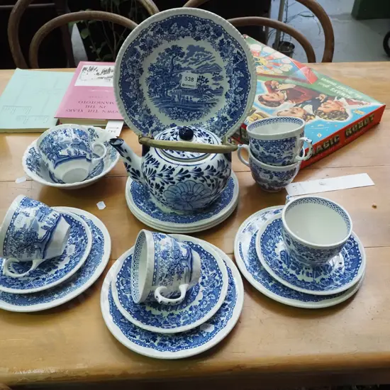 Woods blue and white trios, plates, bowls, tea pot