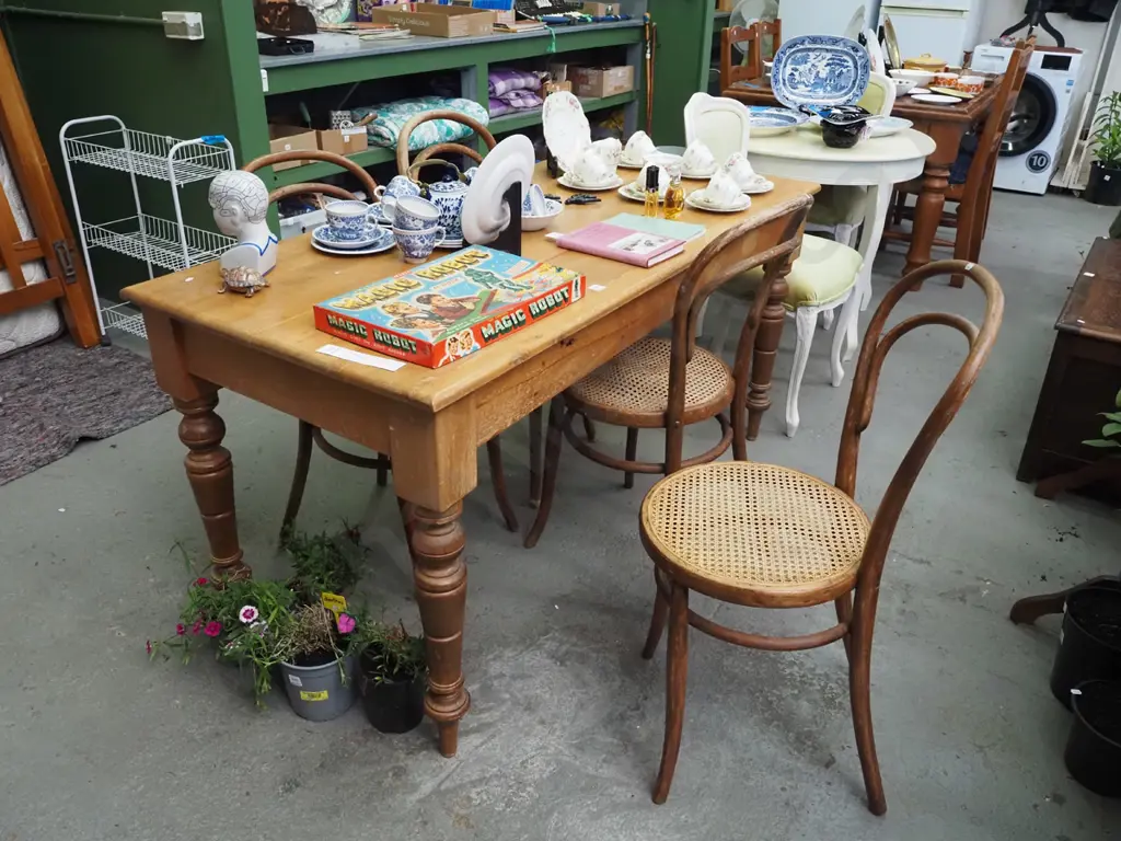solid rimu table with 4 matching bentwood and rattan chairs - table has crack Image 1++