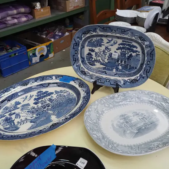 Willow pattern ashet - largest has repair, 1 other British Anchor ashet Largest H470