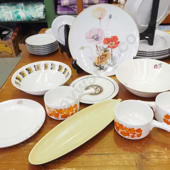 assorted bowls, plates, Poole leaf dish etc
