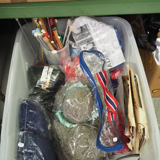 box; knitting yarn, needles, patterns etc