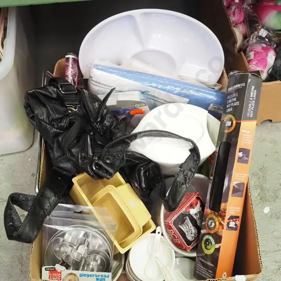 box; elelctric jug, hand bag, bowls etc