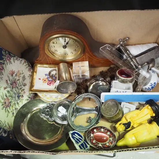 box; mantle clock, plated ware, purse etc