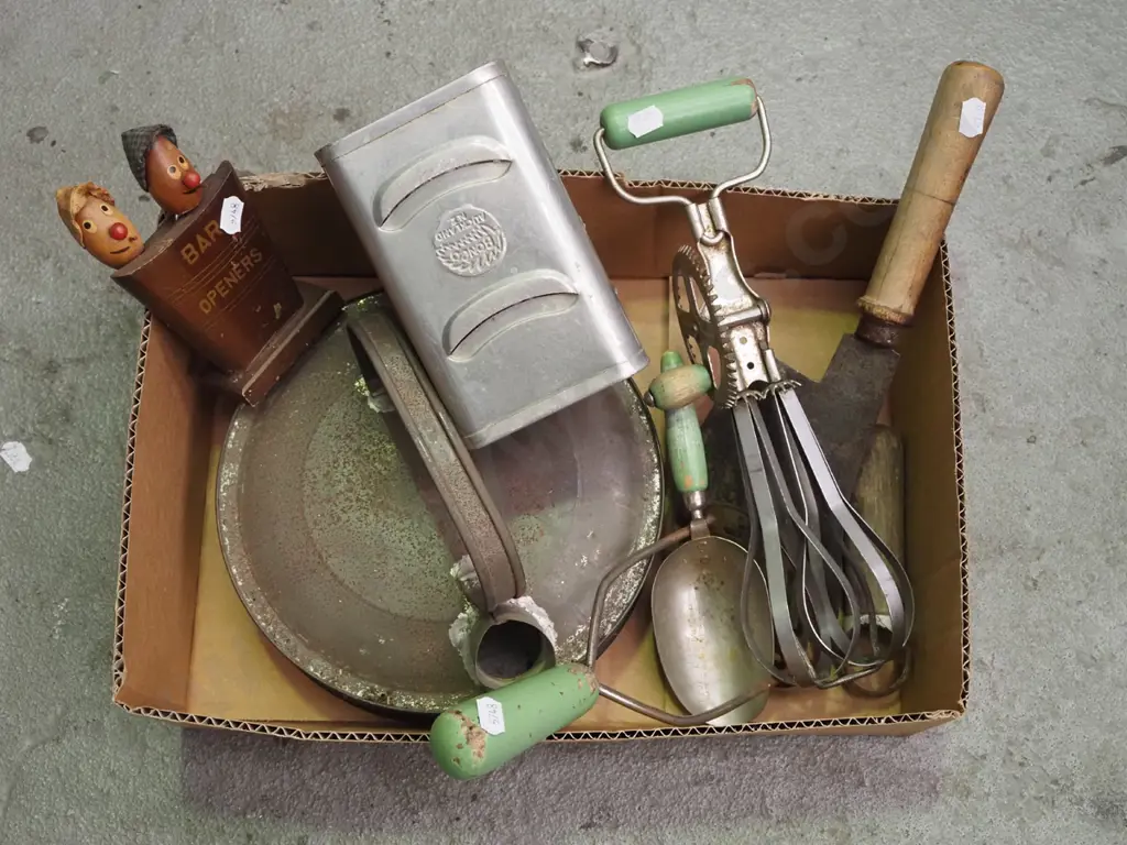 box; stove top kettle, eggbeater, butchers cleaver etc Image 1++