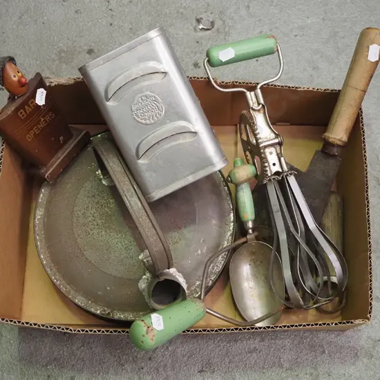box; stove top kettle, eggbeater, butchers cleaver etc