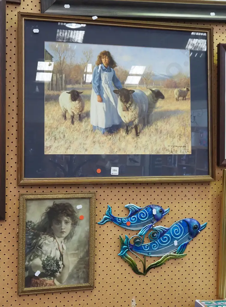 2x framed prints, glass and metal dolphin art - red dots Image 1++