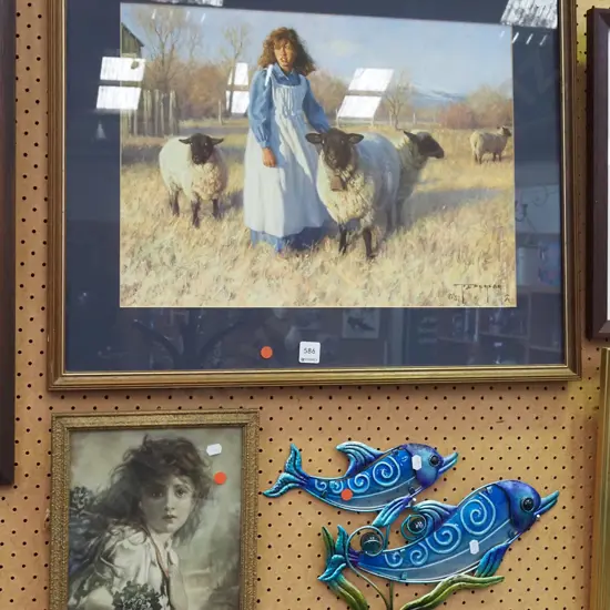 2x framed prints, glass and metal dolphin art - red dots