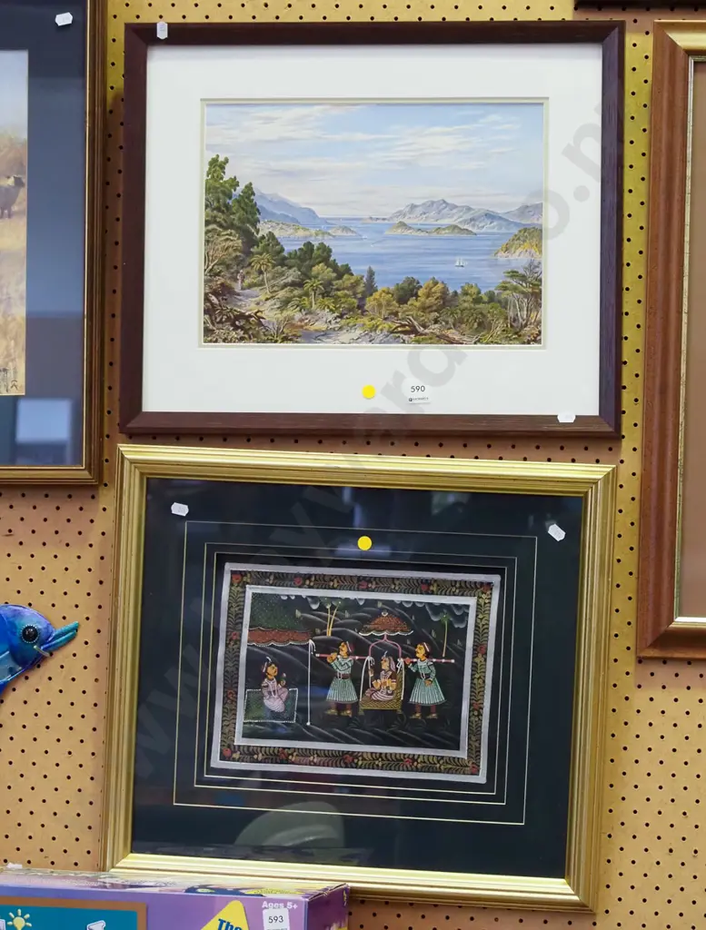 framed historic Dunedin Harbour print, Indian paint on fabric Image 1++