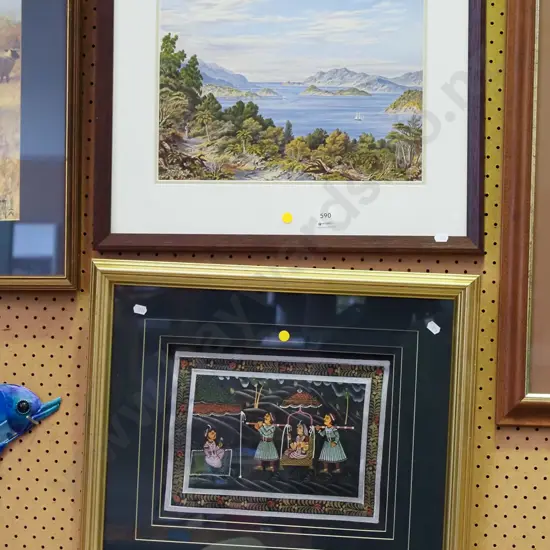 framed historic Dunedin Harbour print, Indian paint on fabric