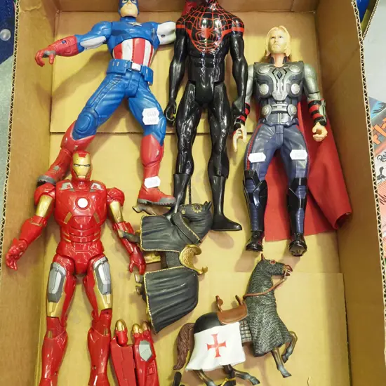 box of action figurines