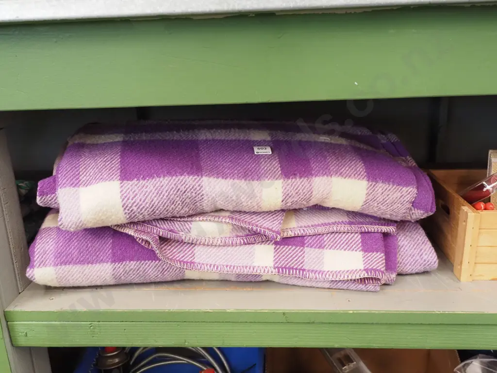 2x large purple and white checked woollen blankets Image 1++