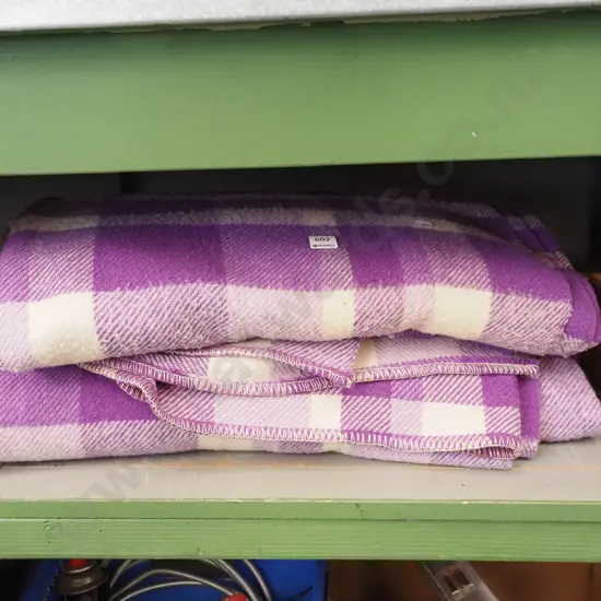 2x large purple and white checked woollen blankets