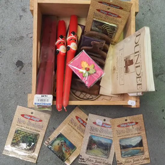 crate; magnets, candles etc