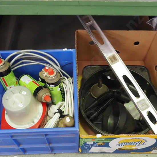 plastic tub and box; oil change catcher,  level, extension cord etc
