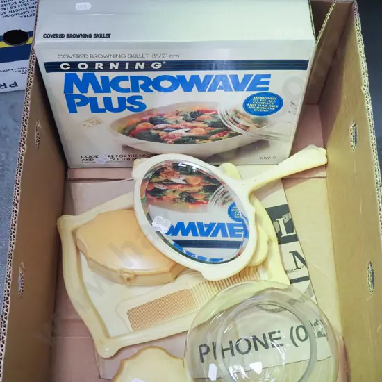 box; dressing table set, glass bowl, microwave dish