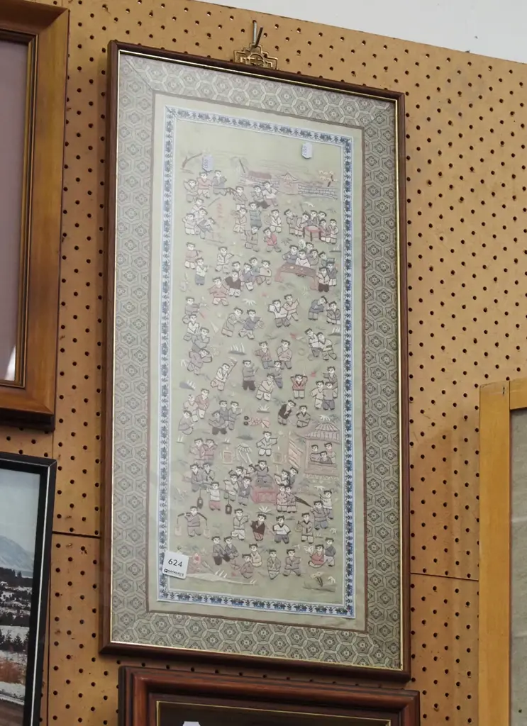 framed Asian needlework - children playing Image 1++