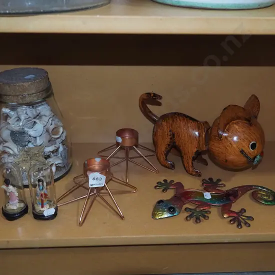 shelf; tin figurines H85, candlesticks etc