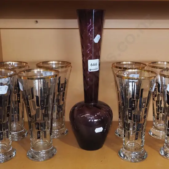 purple glass vase H300, 4x retro gold rimmed tumblers 