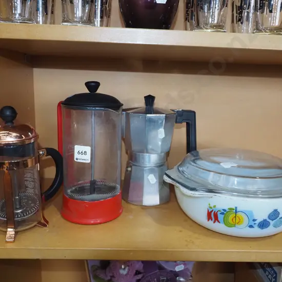 retro pyrex casserole, espresso maker, 2x plungers