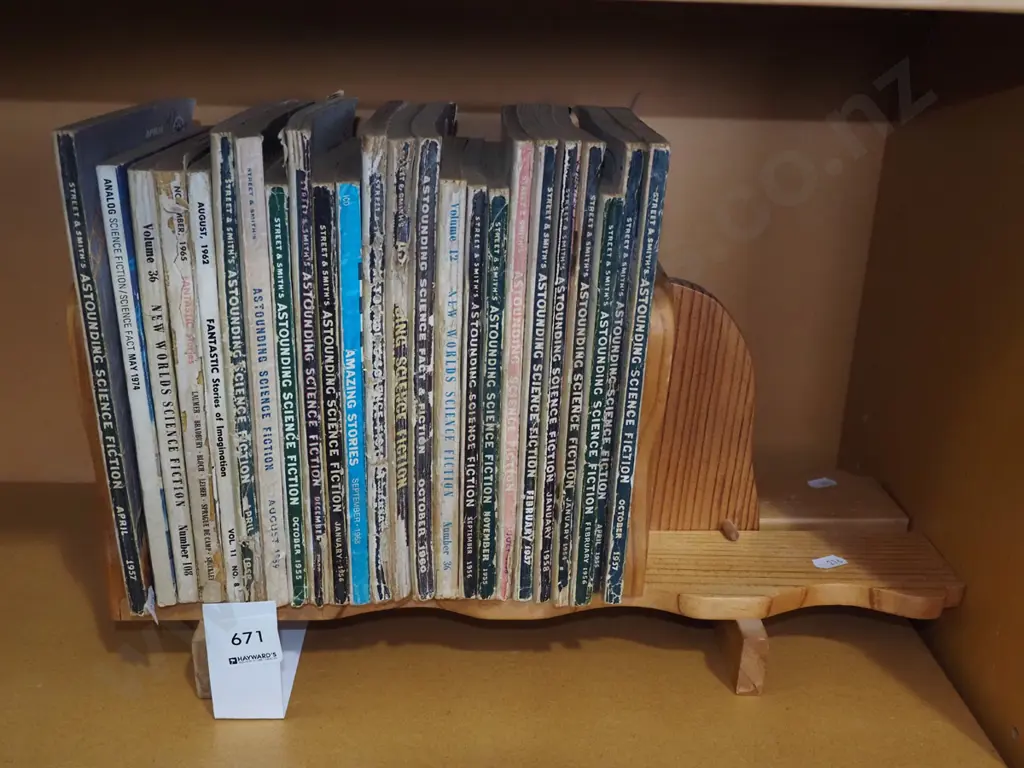 wooden bookcase, various science fiction books Image 1++