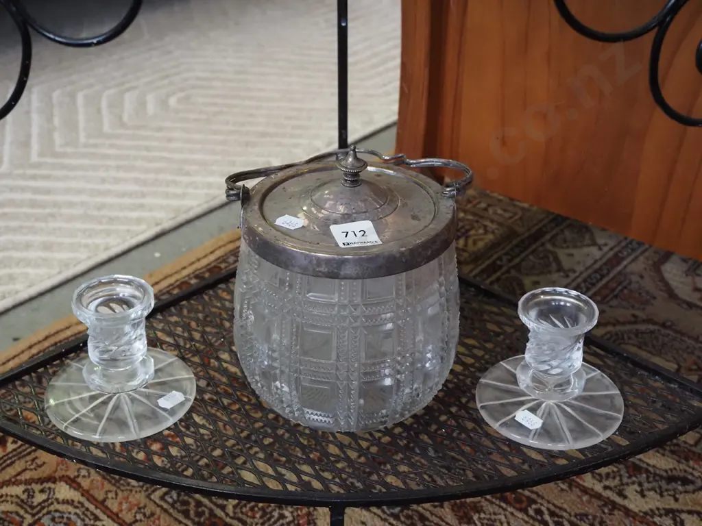 2x glass candlesticks, lidded biscuit barrel Image 1++