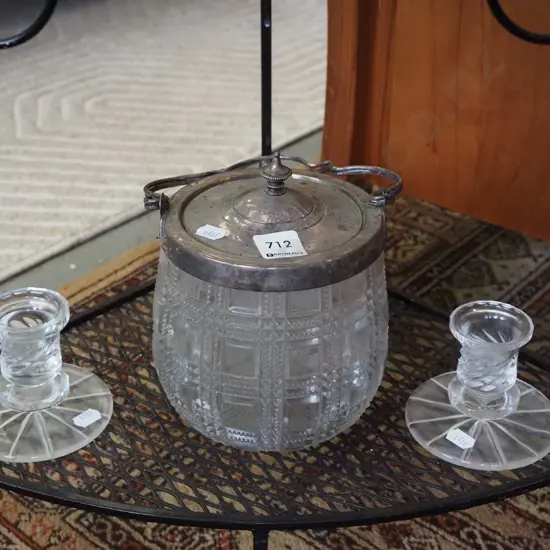 2x glass candlesticks, lidded biscuit barrel