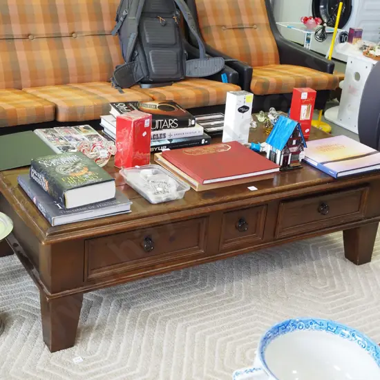 heavy pine coffee table with 3 drawers H530 W1410 D735