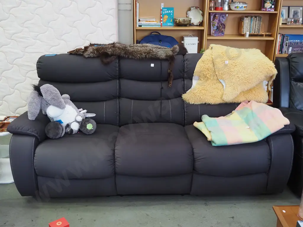 grey upholstered reclining 3 seater settee Image 1++