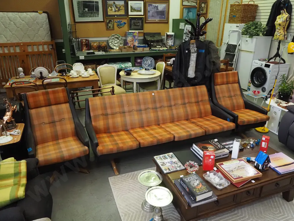 mid century 3 piece lounge suite with 2 swivel singles - black vinyl in good condition Image 1++