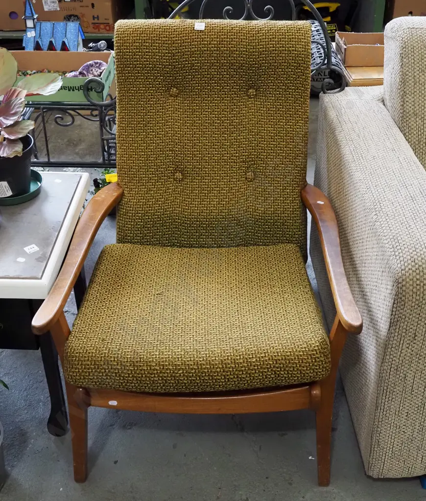 mid century Morgan NZ wood and deep buttoned armchair - damage to upholstery Image 1++