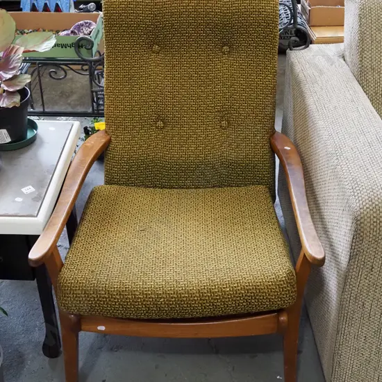mid century Morgan NZ wood and deep buttoned armchair - damage to upholstery