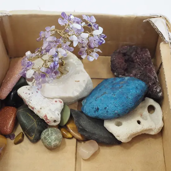 box; stones, amethyst tree figurine
