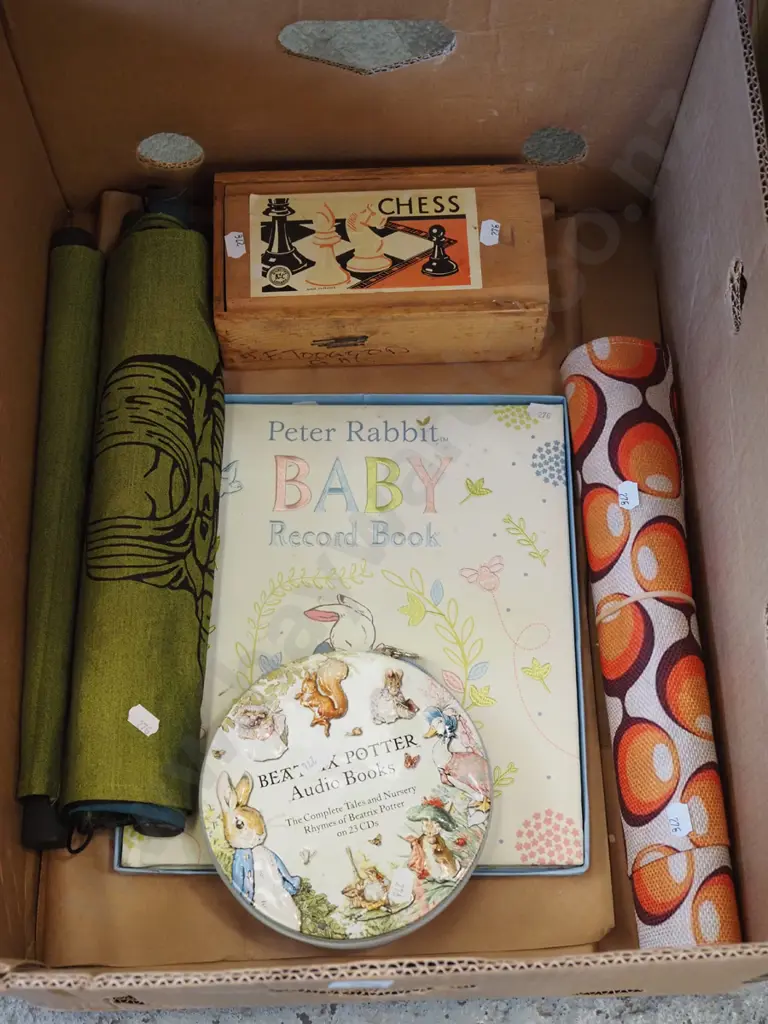 box; Beatrix Potter audio books, chess pieces etc Image 1++
