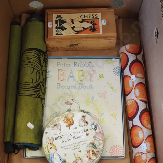 box; Beatrix Potter audio books, chess pieces etc