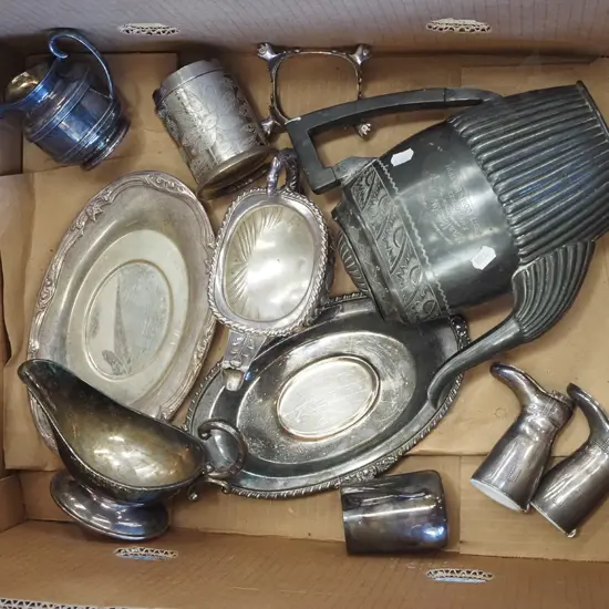 box of plated ware; gravy boats, tray etc