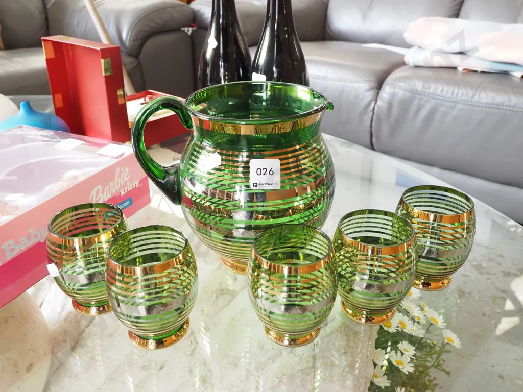 green and gold striped glass water set - missing 1 tumbler Image 1++