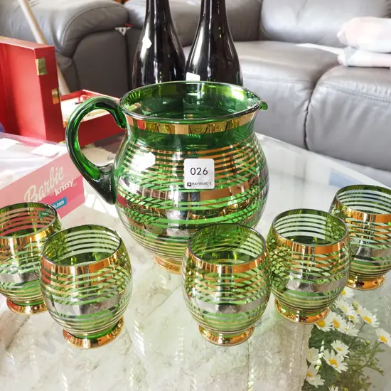 green and gold striped glass water set - missing 1 tumbler